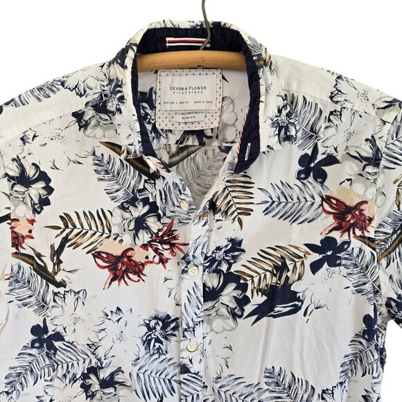 Denim & Flower Ricky Singh Mens Slim Fit Floral Hawaiian Shirt Short Sleeve Whit - Picture 6 of 11